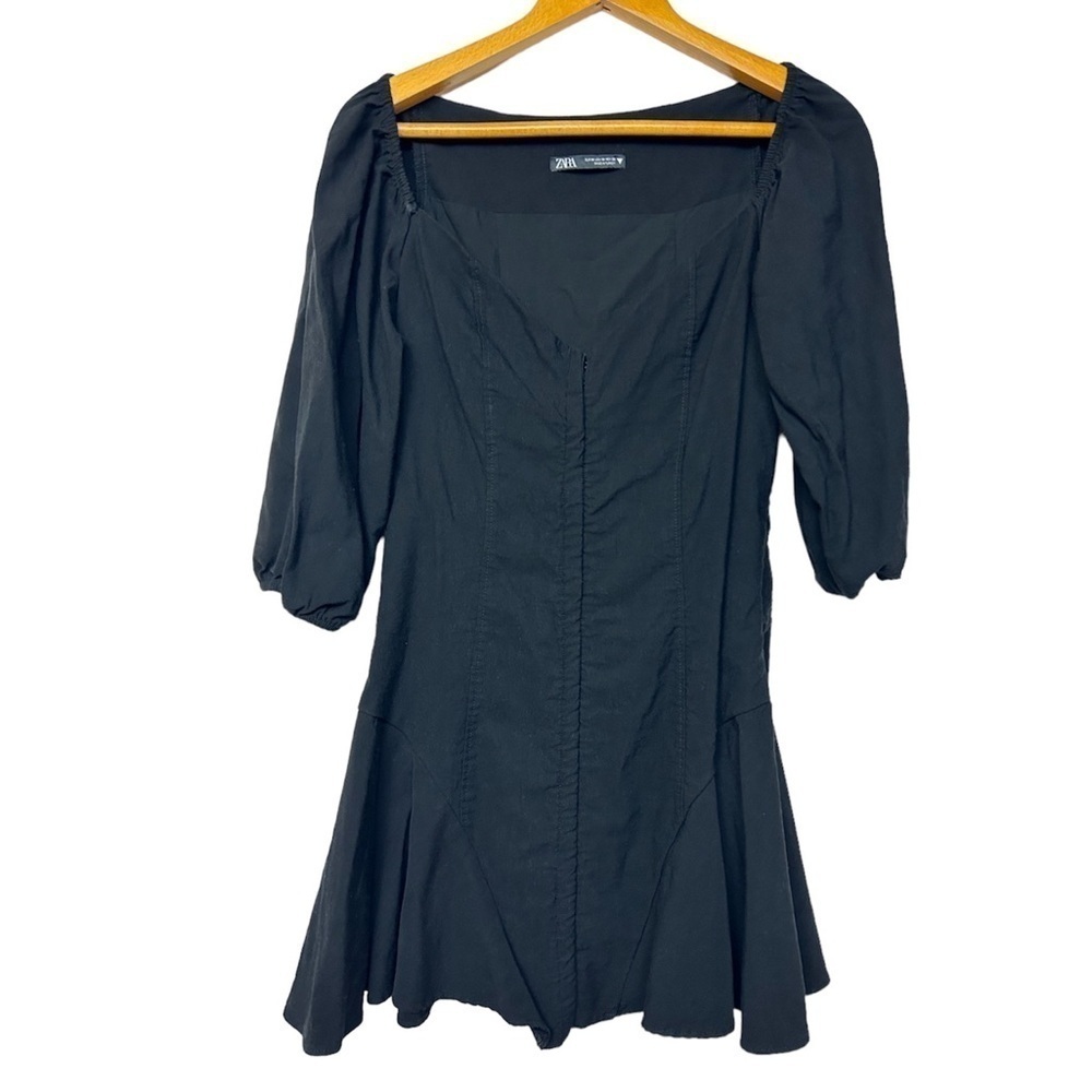 Zara Long Sleeve Flare Black V-Neck Mid Dress Size M